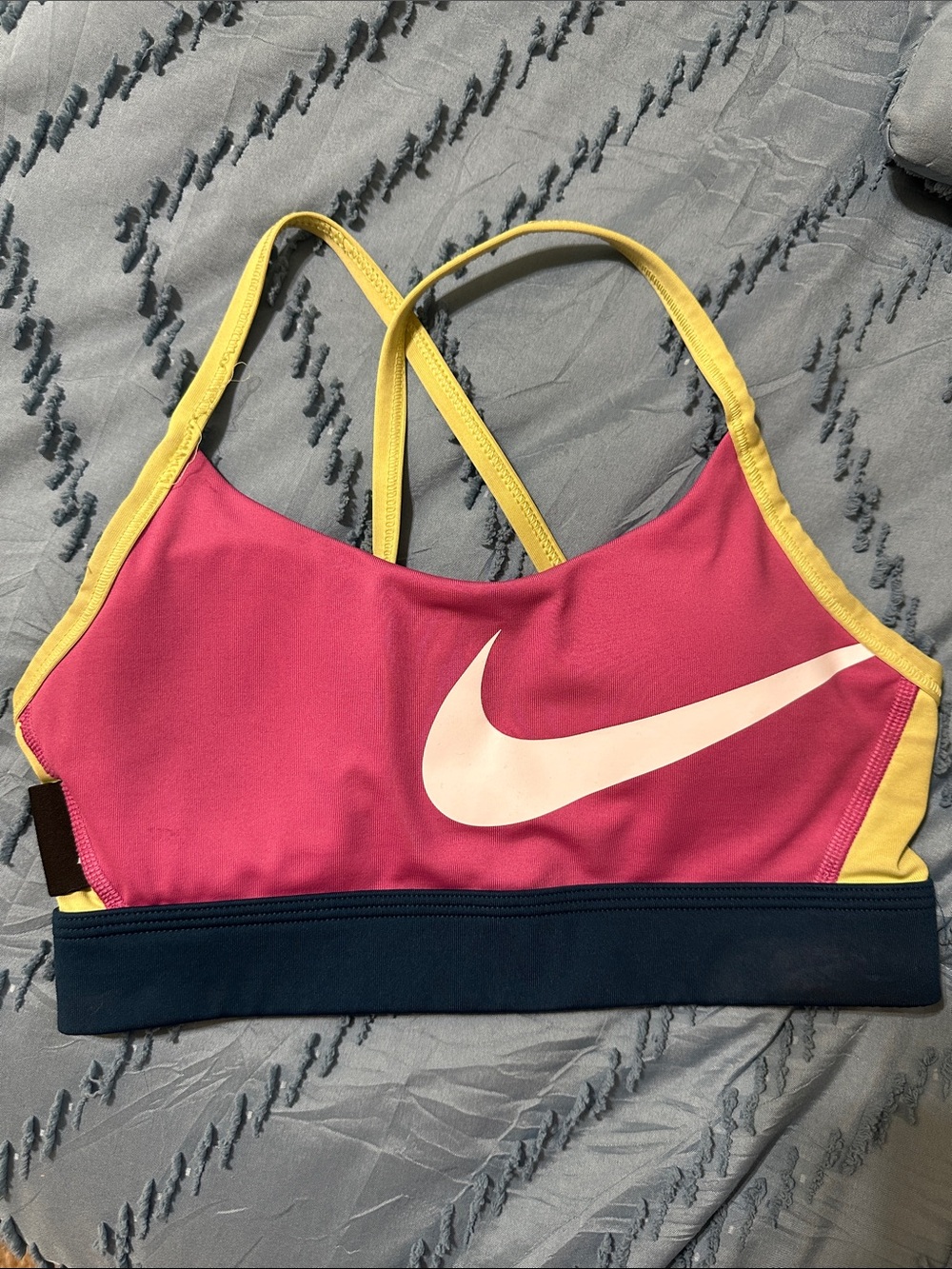 Nike Women's Pink Bikini Top with Yellow Straps and Navy Band